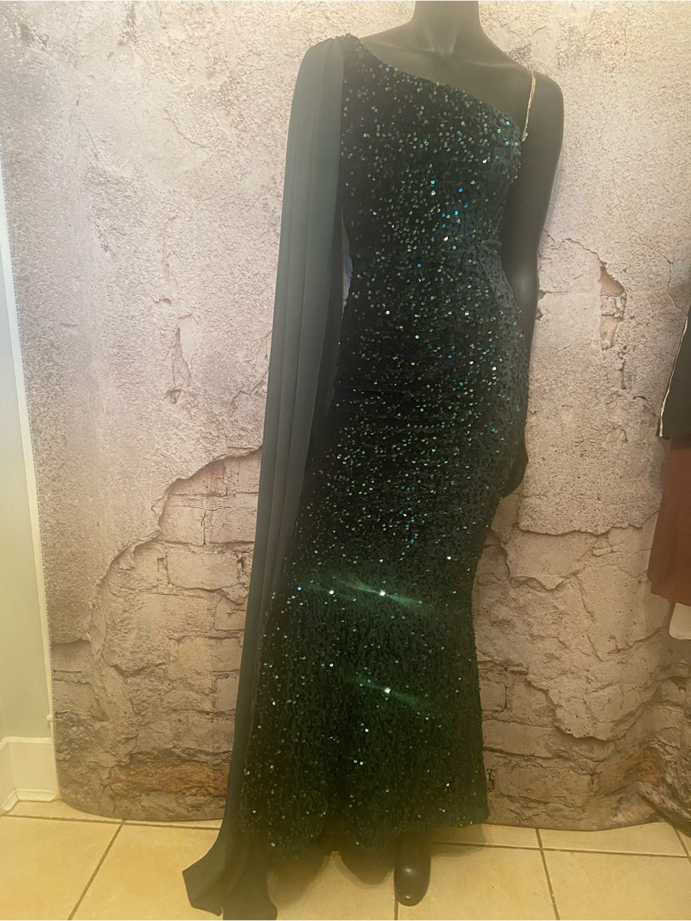 Faeriesty Green Velvet Sequin One Shoulder Stretch Dress